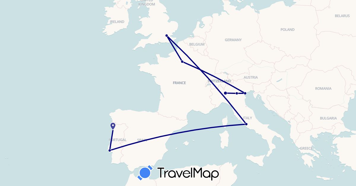 TravelMap itinerary: driving in France, United Kingdom, Italy, Portugal (Europe)